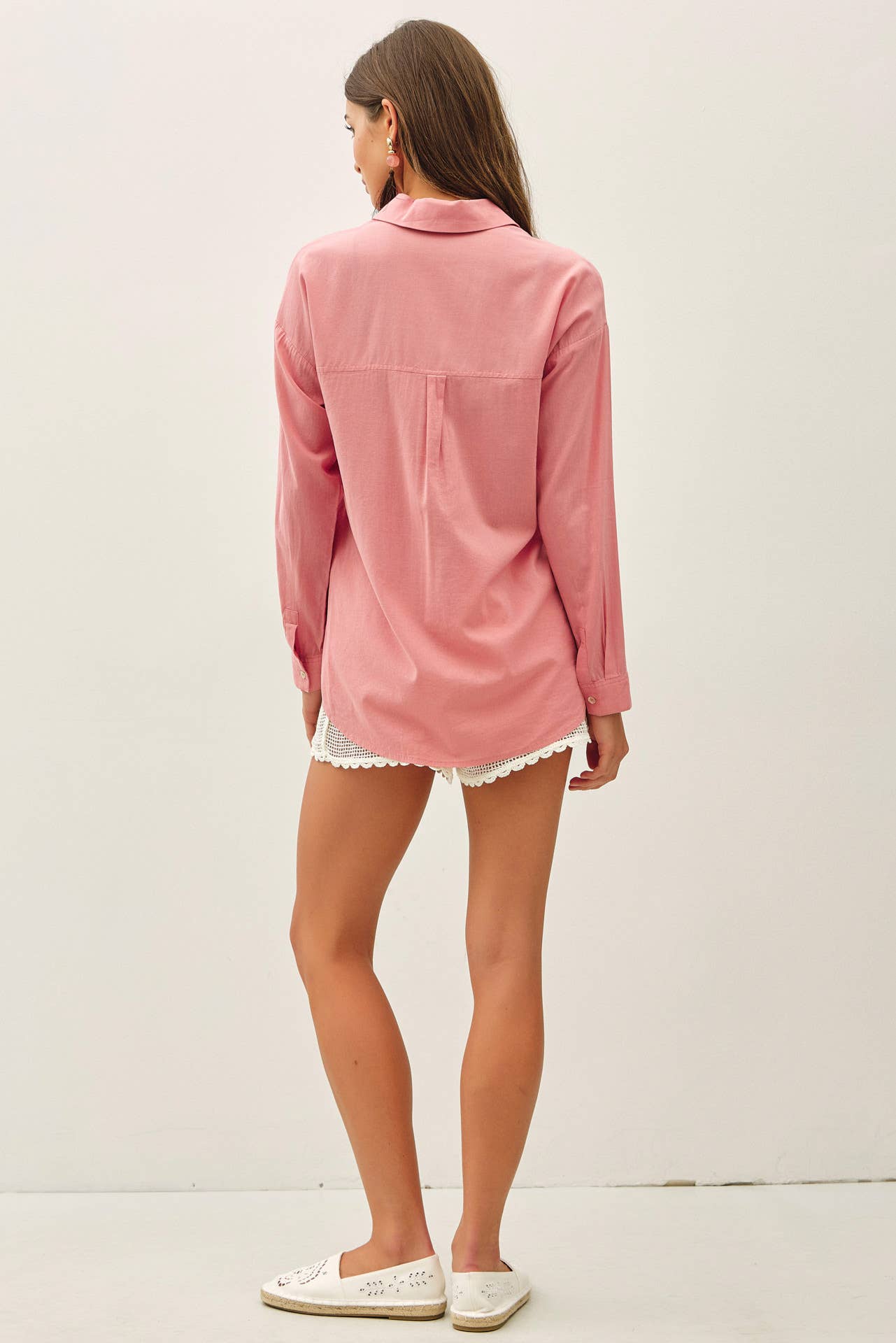 Cotton Blend Button Up Shirt - White/Rose