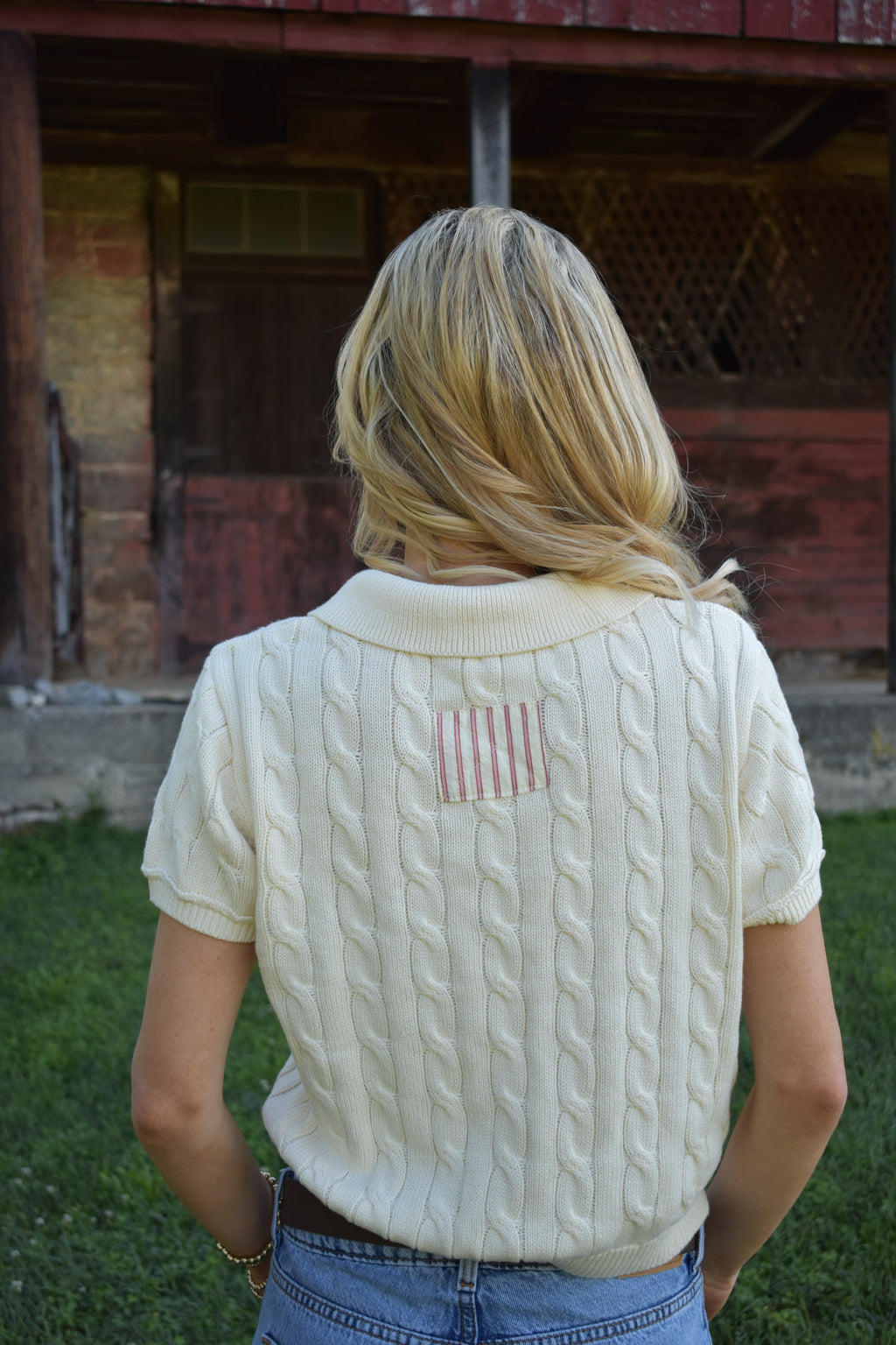 Short Sleeve Cable Knit Polo With Pink Detail