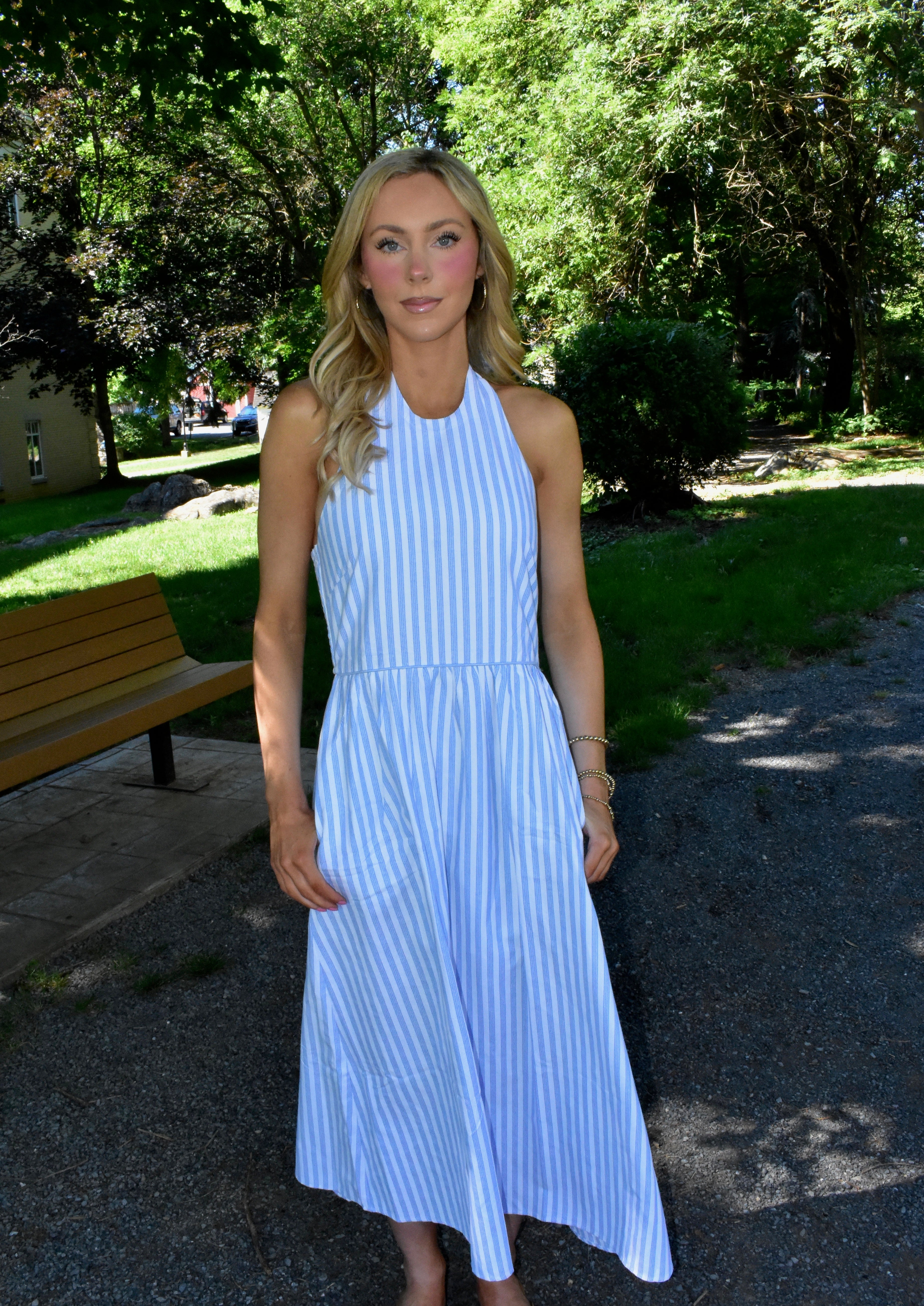 Blue & White Striped Halter Maxi Dress