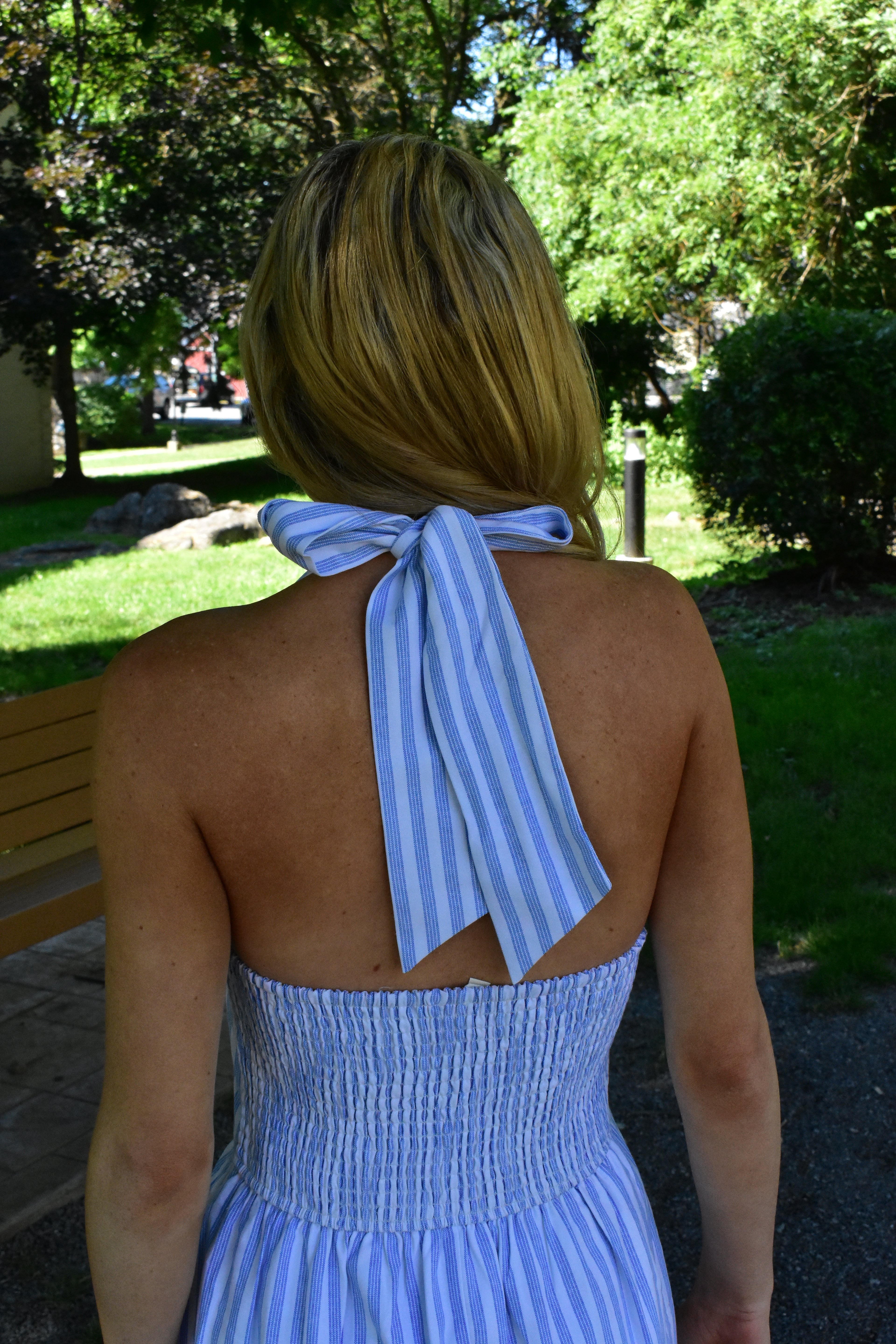 Blue & White Striped Halter Maxi Dress