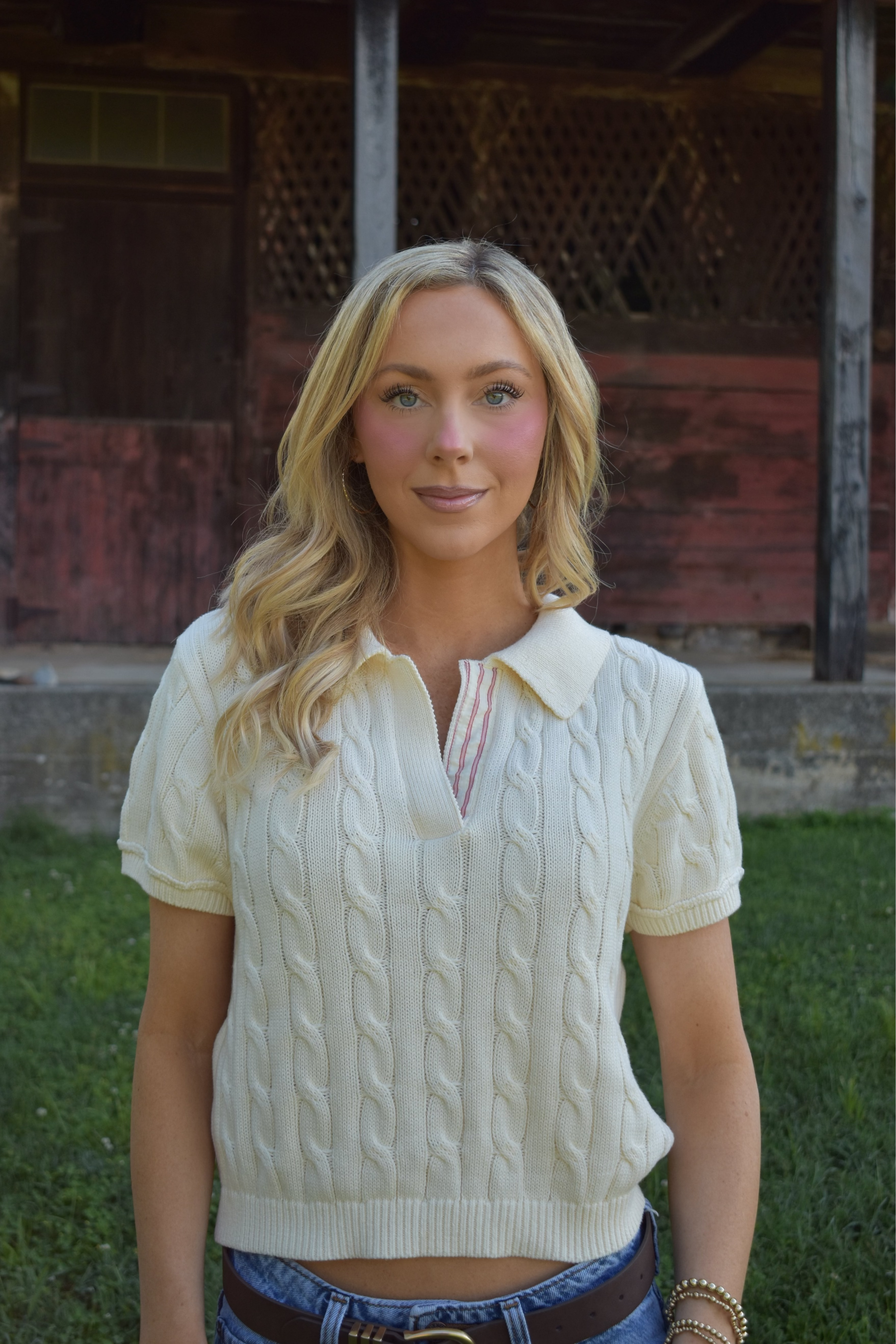 Short Sleeve Cable Knit Polo With Pink Detail