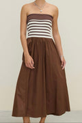 Brown & White Stripe Knit Strapless Midi Dress