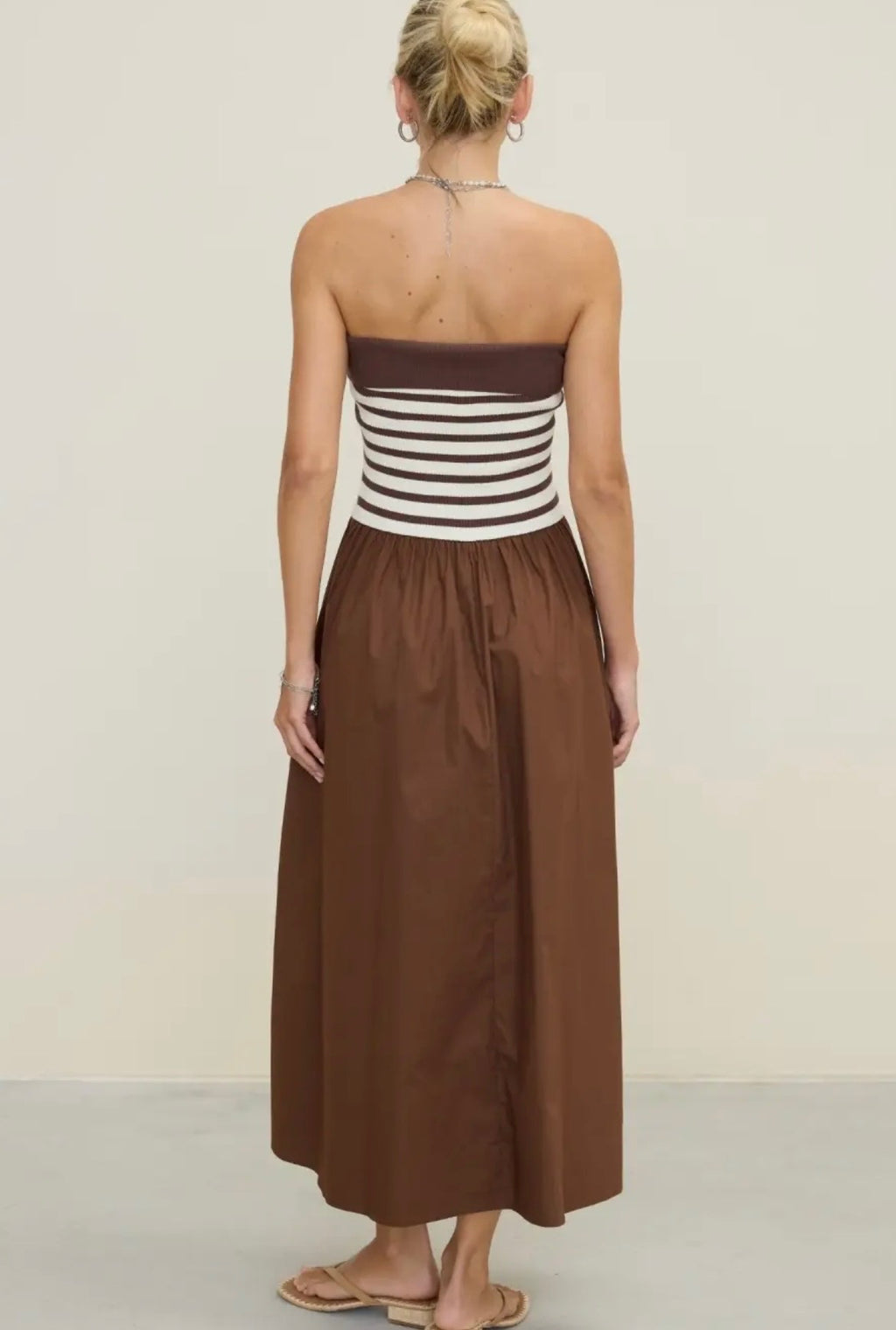 Brown & White Stripe Knit Strapless Midi Dress