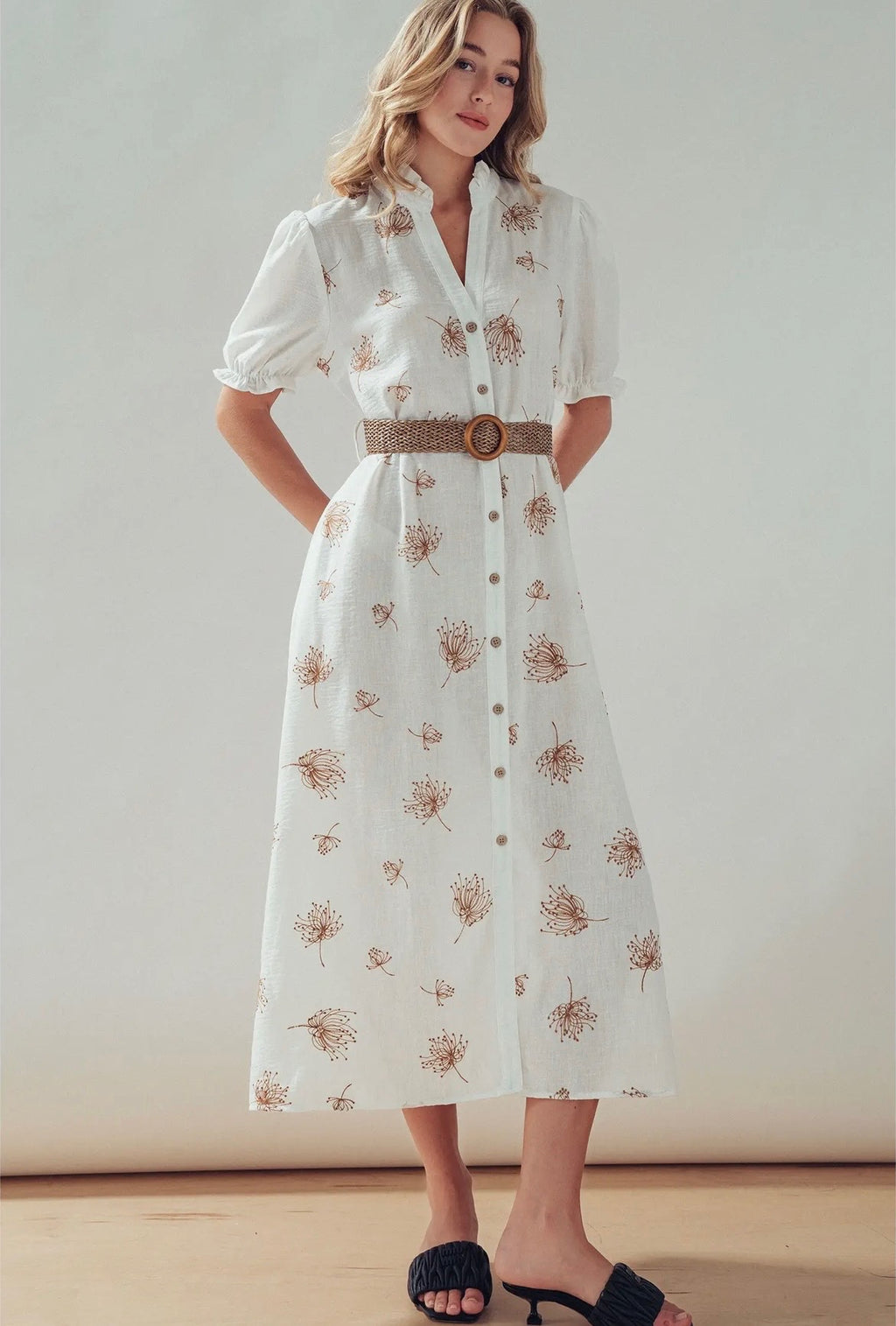 Embroidered Linen Blend Button Front Midi Dress