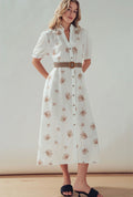 Embroidered Linen Blend Button Front Midi Dress