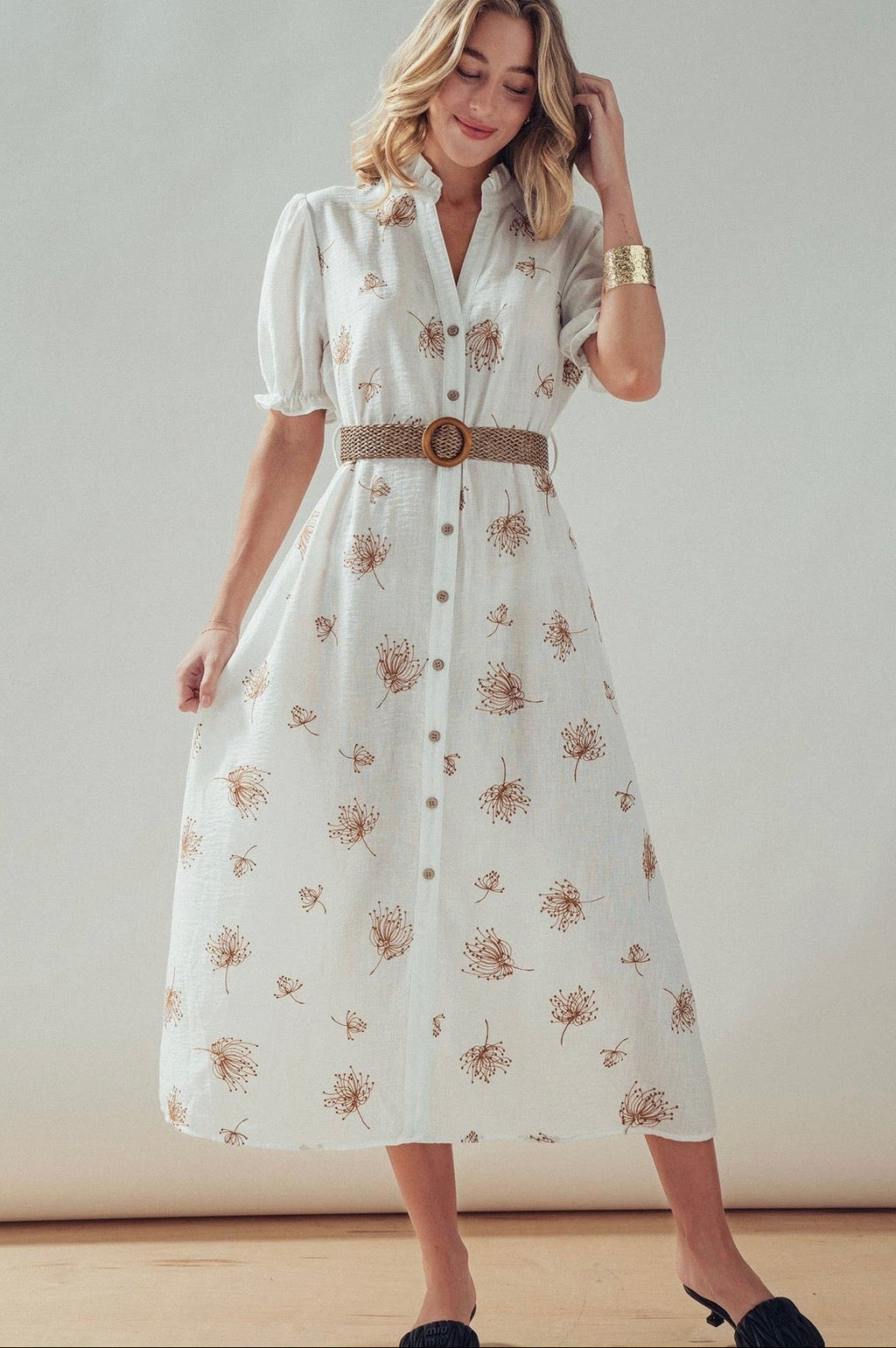 Embroidered Linen Blend Button Front Midi Dress