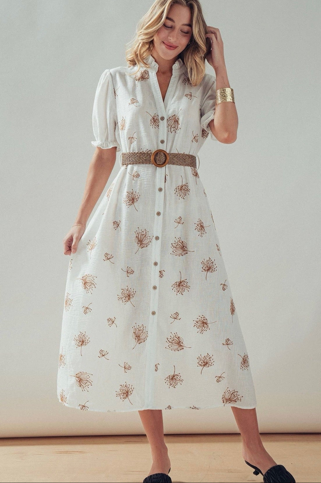 Embroidered Linen Blend Button Front Midi Dress