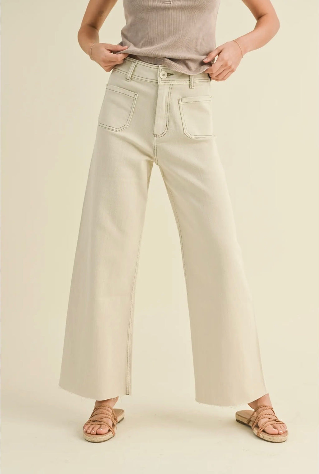 Straight Wide Leg Pants with Front Pockets - Washed Beige
