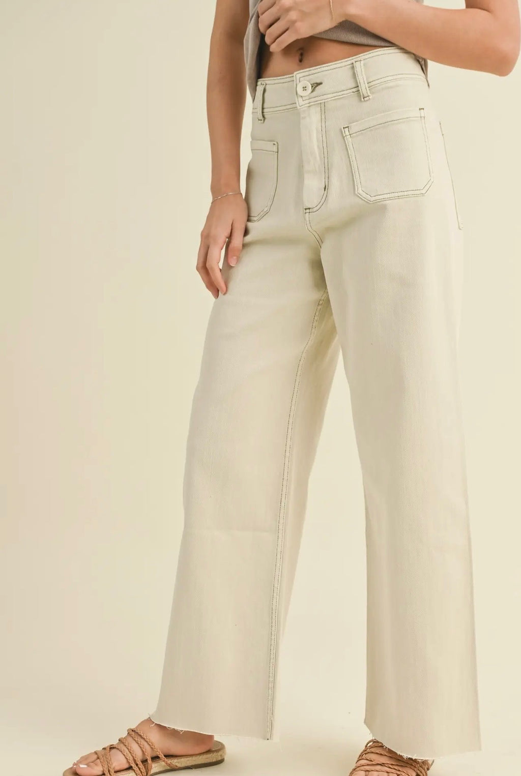 Straight Wide Leg Pants with Front Pockets - Washed Beige