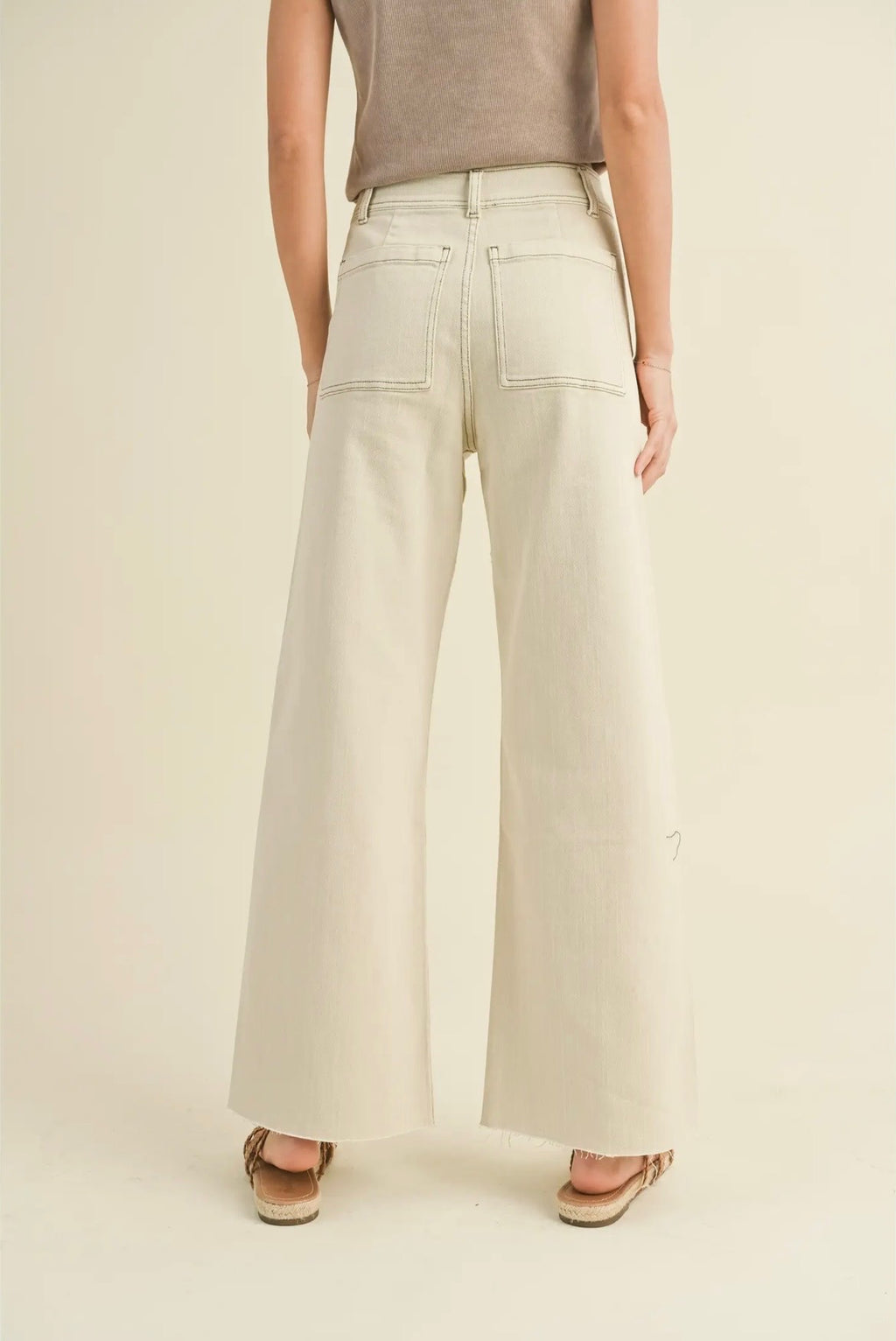 Straight Wide Leg Pants with Front Pockets - Washed Beige