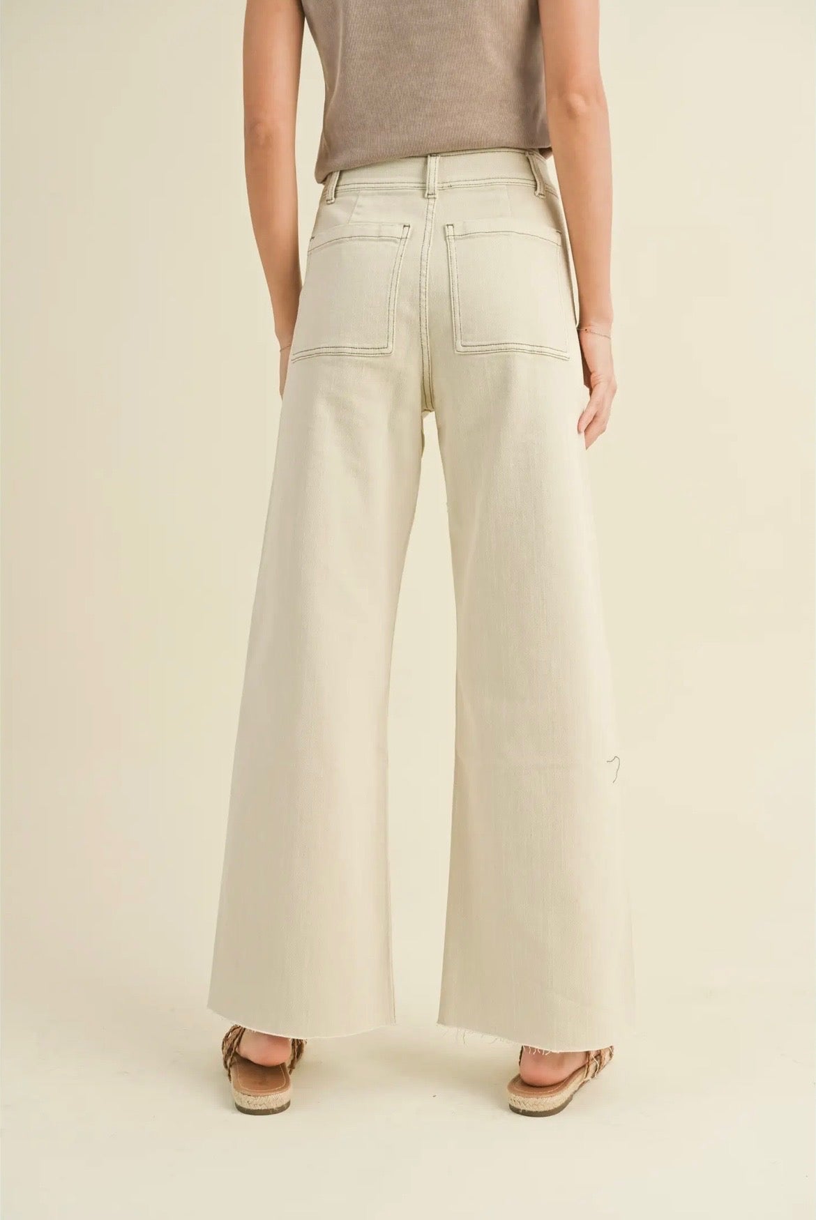 Straight Wide Leg Pants with Front Pockets - Washed Beige