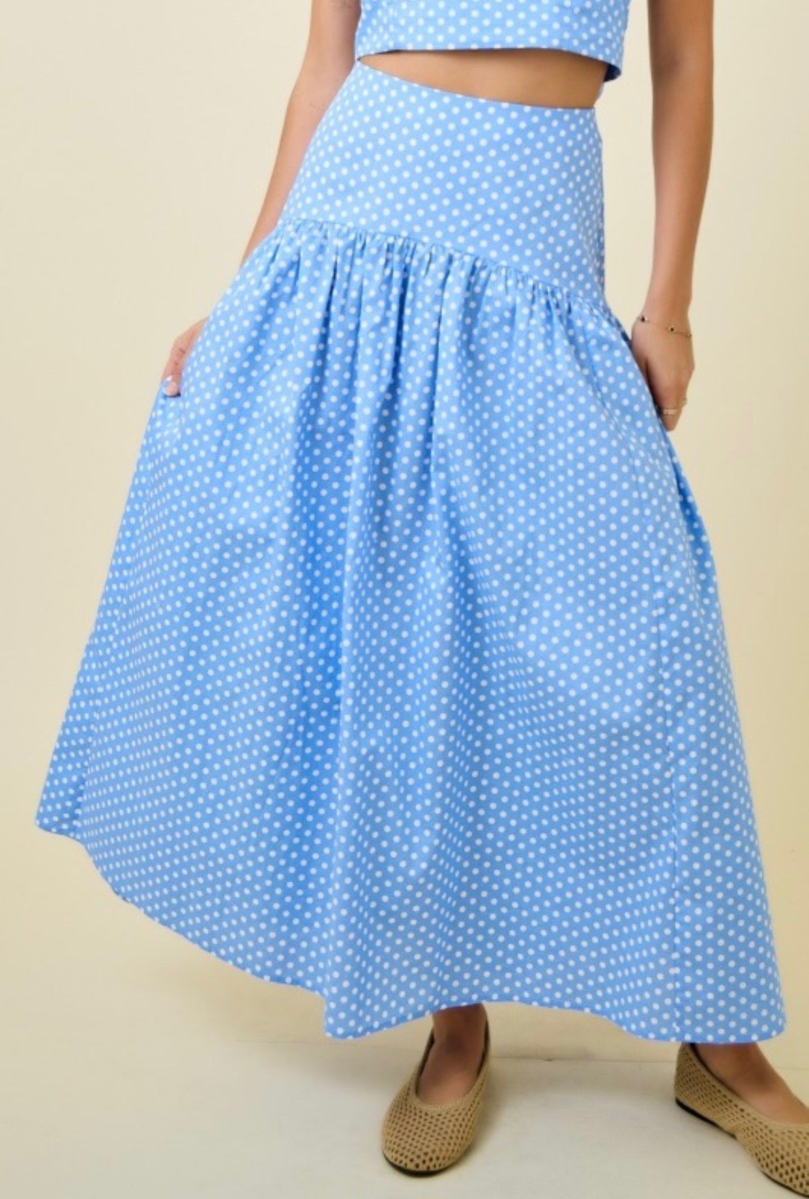 Blue & White Polka Dot Curved Maxi Skirt (Preorder 7/16)