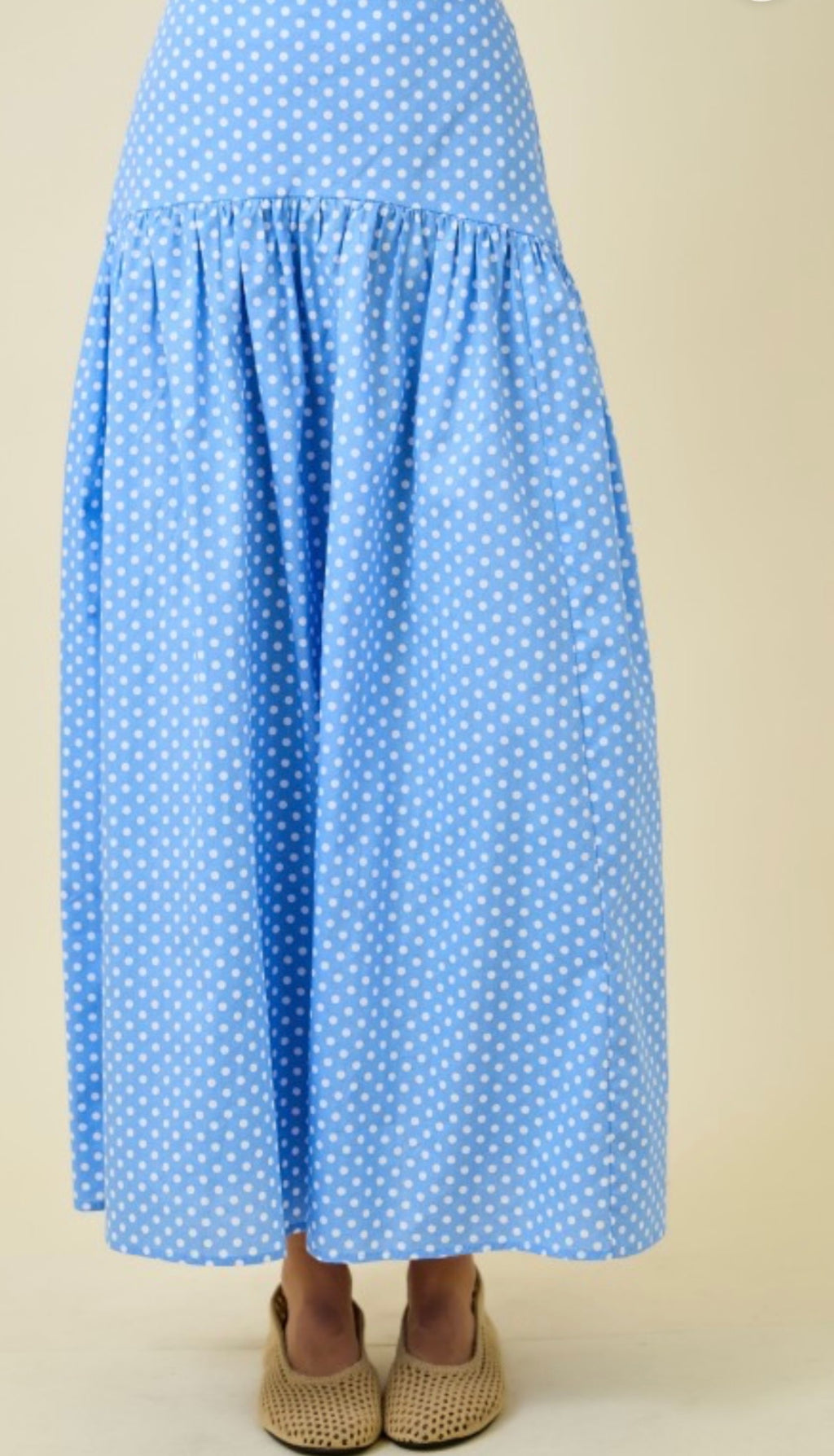 Blue & White Polka Dot Curved Maxi Skirt (Preorder 7/16)