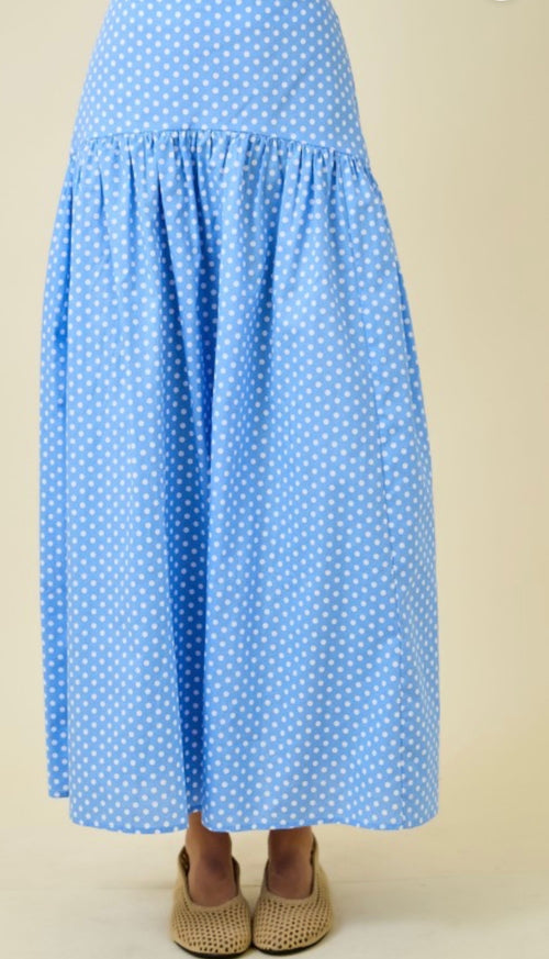 Blue & White Polka Dot Curved Maxi Skirt (Preorder 7/16)