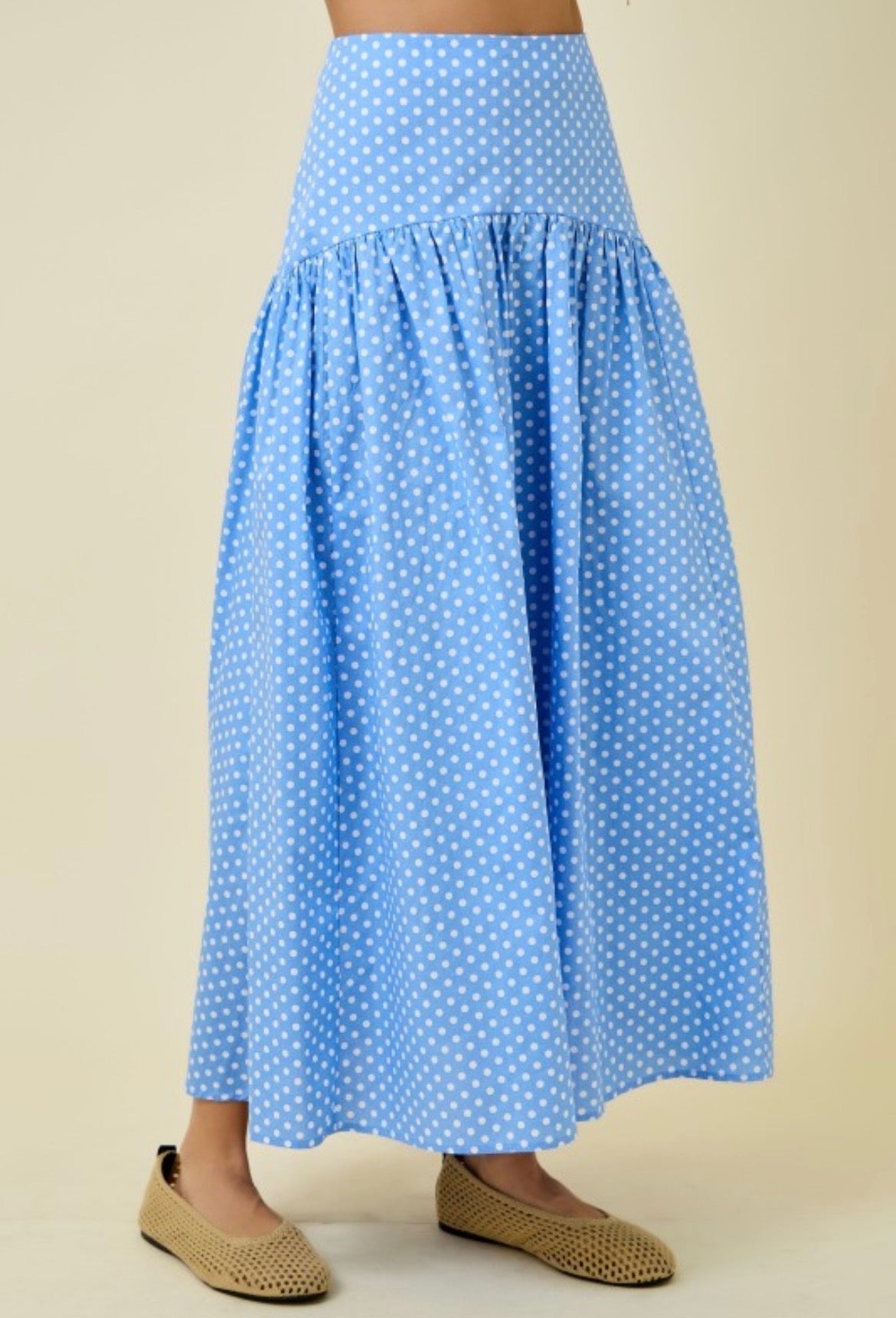 Blue & White Polka Dot Curved Maxi Skirt (Preorder 7/16)