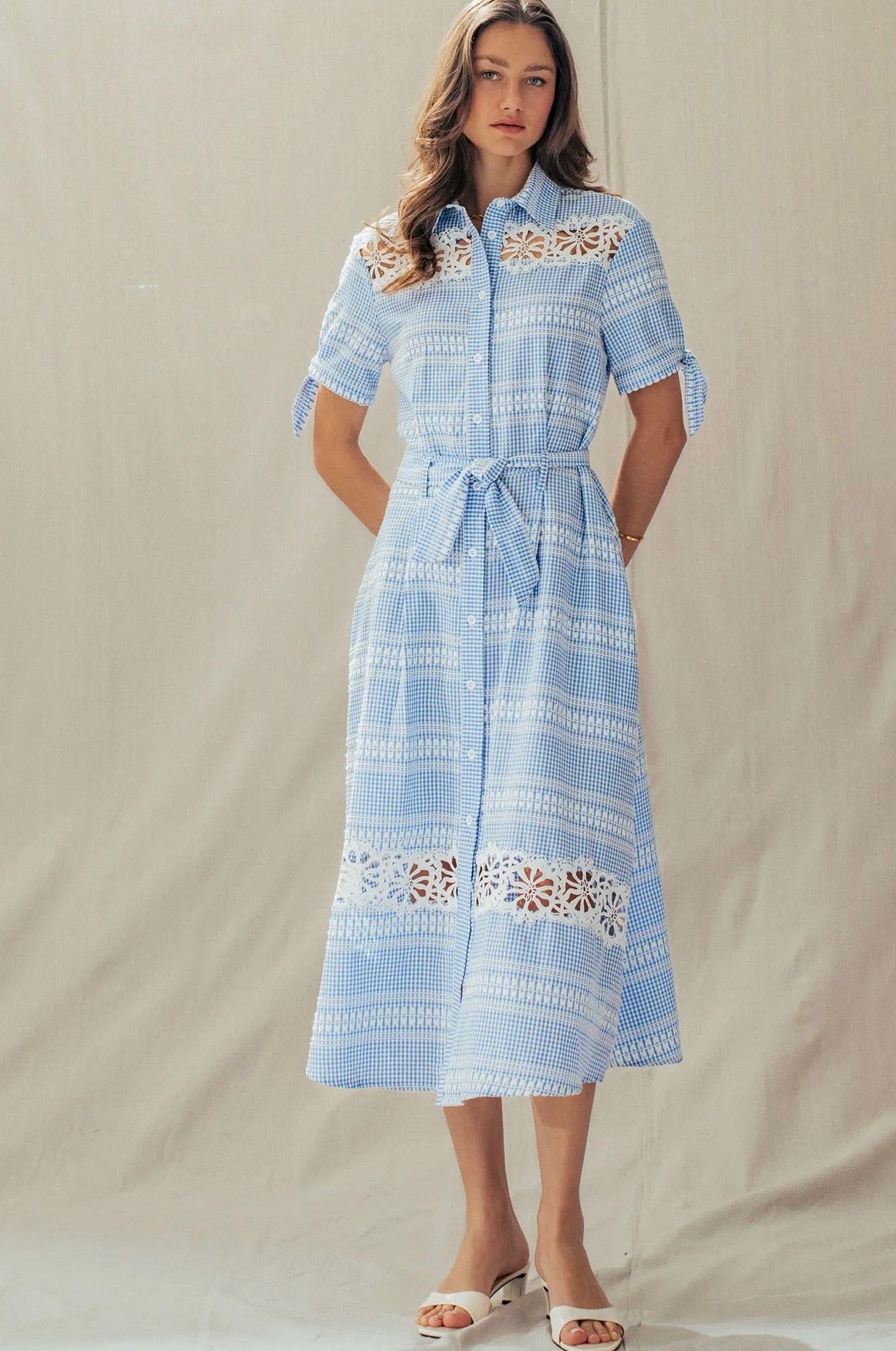 Blue Gingham Cotton Eyelet Embroidered Dress (PREORDER Ships 7/19)