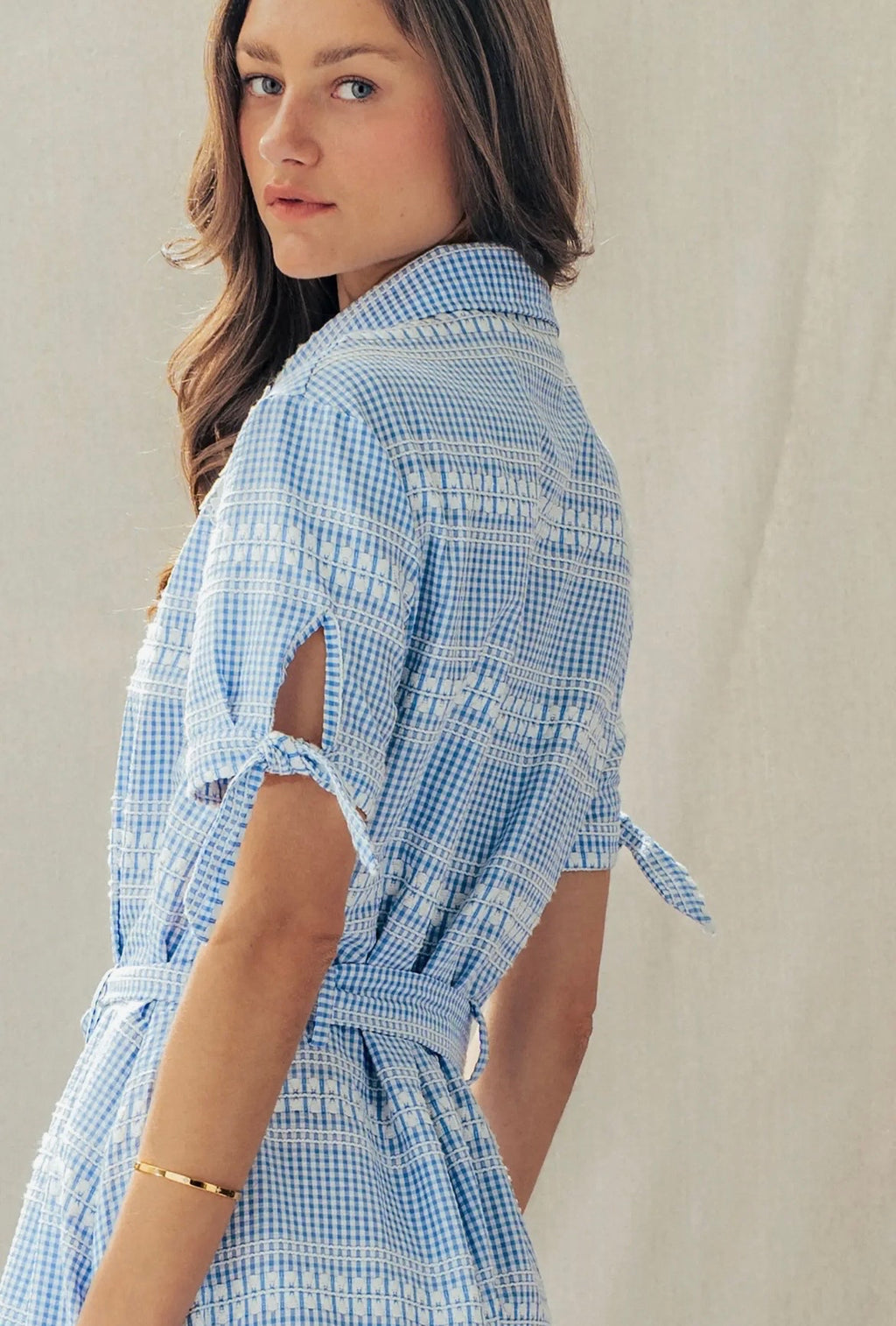Blue Gingham Cotton Eyelet Embroidered Dress (PREORDER Ships 7/19)