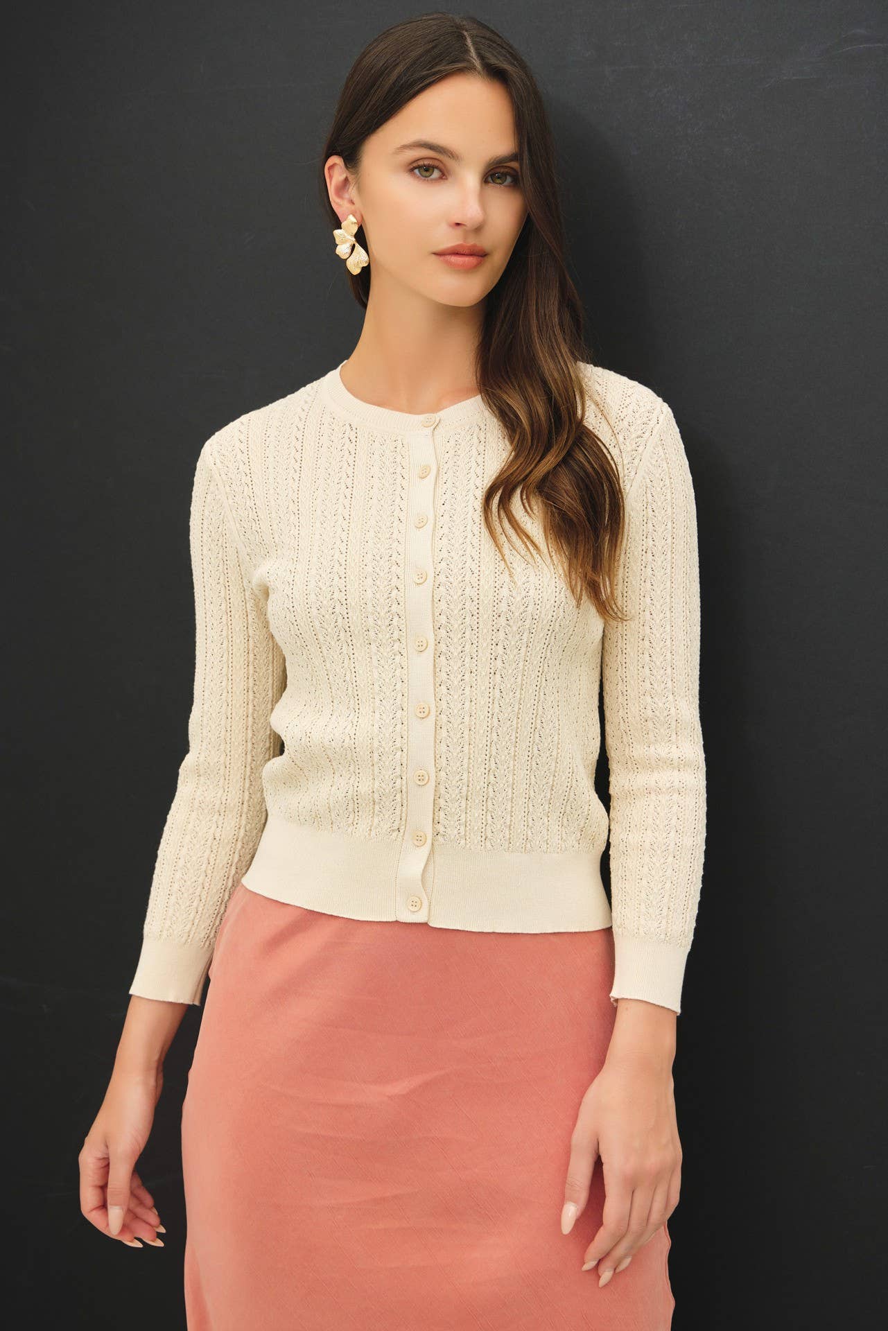 POINTELLE 3/4 SLEEVE CARDIGAN
