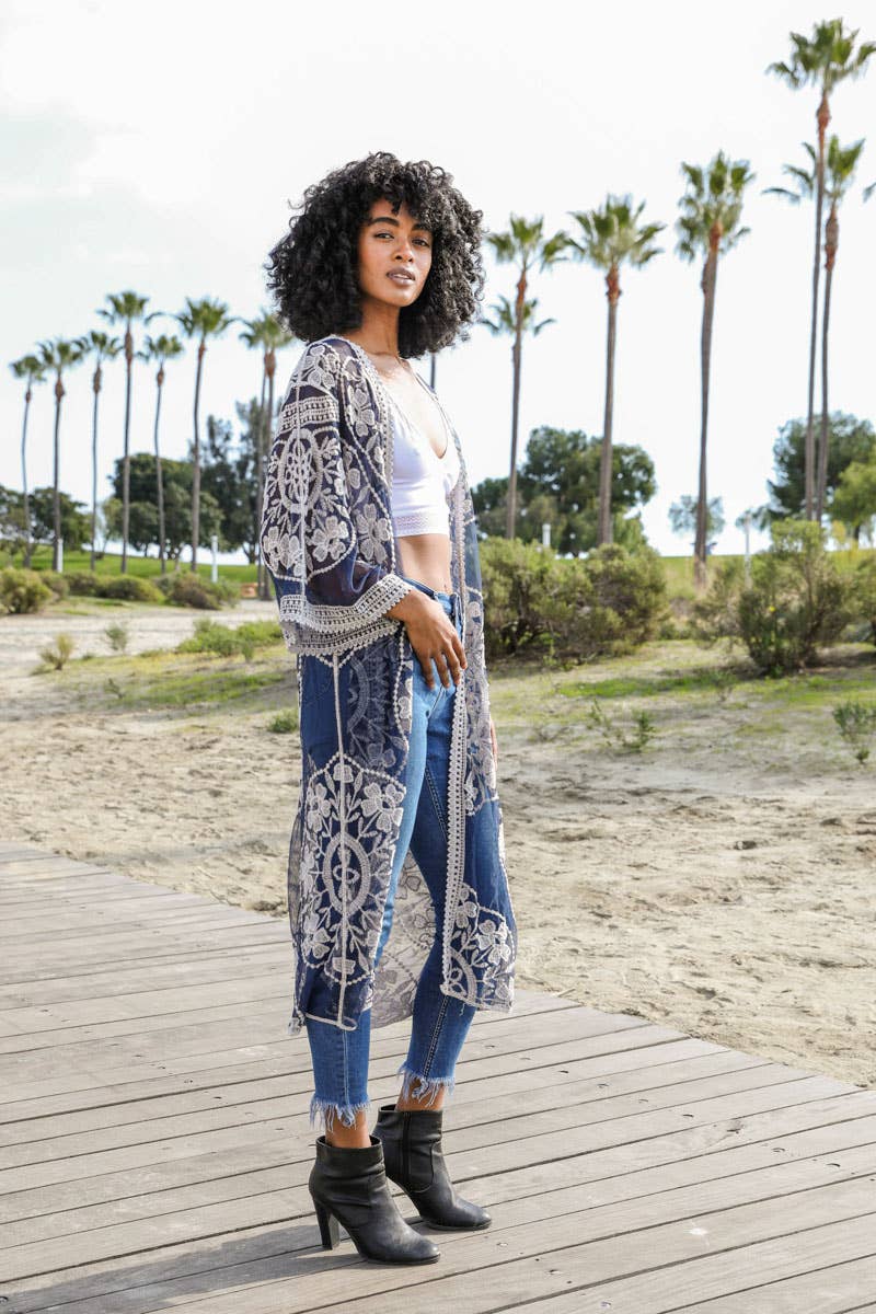 Contrast Mesh Cotton Lace Longline Kimono