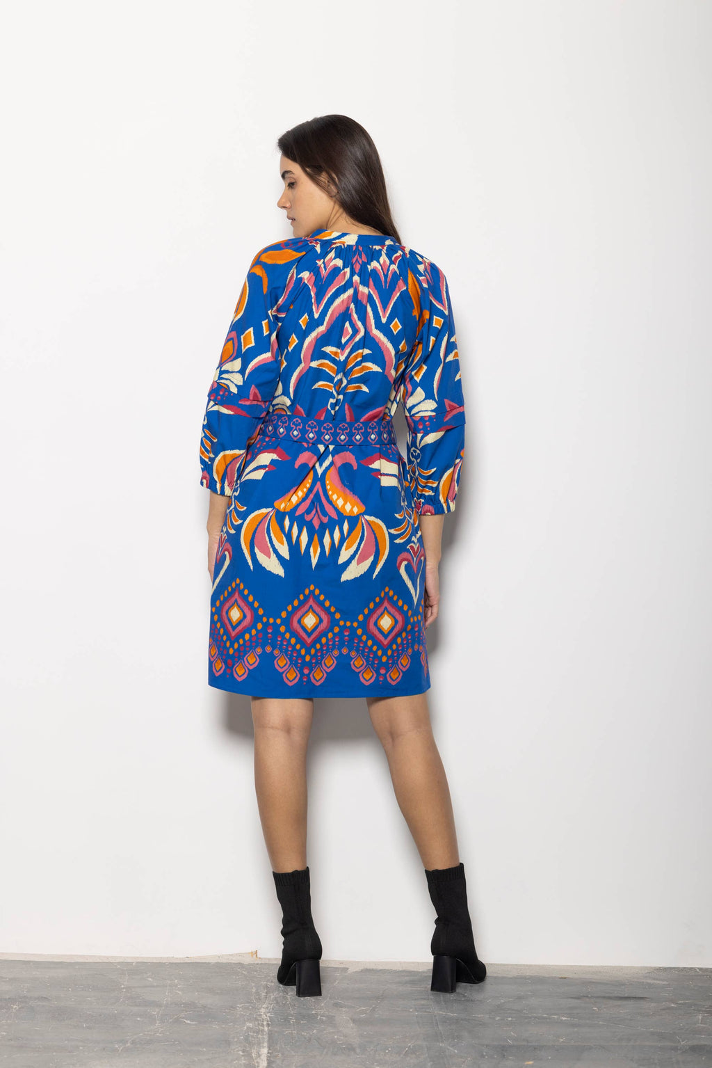 Blue Patterned Belted Dress